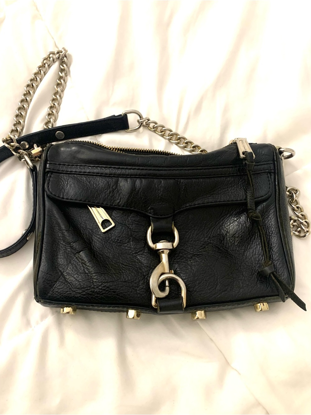 Rebecca Minkoff Black Leather Logo Patch with Printed Lining Crossbody Bag